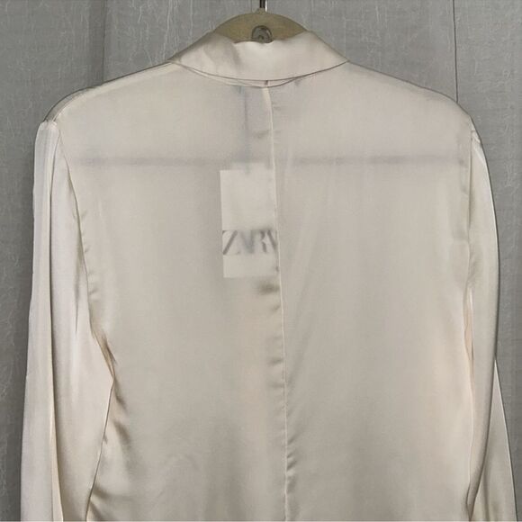 ZARA L Ivory Preppy Outer Shell Long Sleeve Front Tie Beaded Button Blouse - Picture 5 of 15
